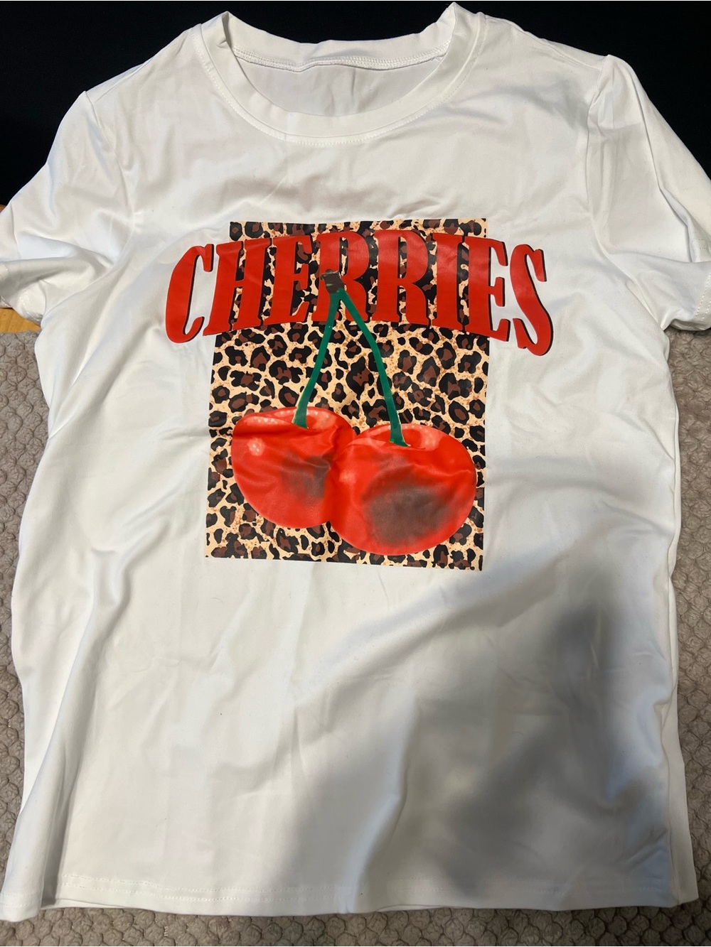 Amazon White Short-Sleeve Tee with Red Cherry & Leopard Print Panel